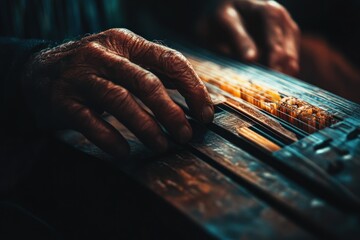 Poster - A close-up of an elderly hand playing a traditional string instrument, showcasing craftsmanship.