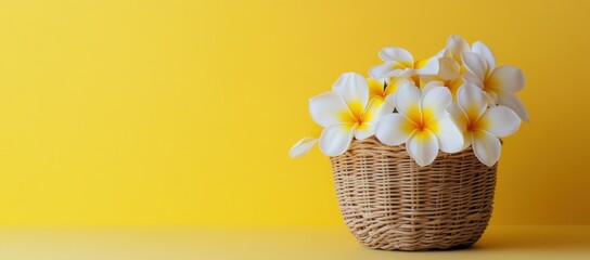 Poster - A woven basket filled with white and yellow flowers against a bright yellow background.