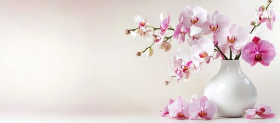Poster - A serene arrangement of pink orchids in a white vase, creating a calming atmosphere.