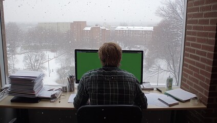 Aufkleber - A person working at a desk, facing a computer screen, with snow falling outside the window.