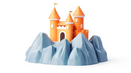 Poster - A colorful 3D castle model set on stylized mountains.