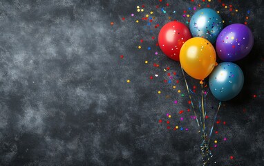 Poster - Colorful balloons and confetti on a dark background, perfect for celebration themes.