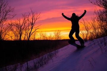 Aufkleber - A silhouette of a snowboarder celebrating at sunset on a snowy slope.