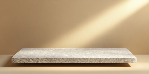 Poster - A minimalist stone shelf with soft lighting against a beige background.
