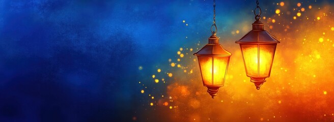 Poster - Two glowing lanterns against a colorful, abstract background.