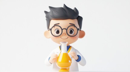 Poster - A cheerful young scientist holds a yellow liquid in a flask, showcasing curiosity and exploration.