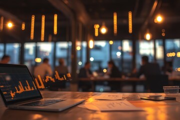 Aufkleber - A laptop displaying data analysis in a busy café setting with people engaged in conversation.