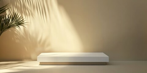 Aufkleber - A minimalist scene featuring a white platform against a warm, neutral wall with soft shadows.