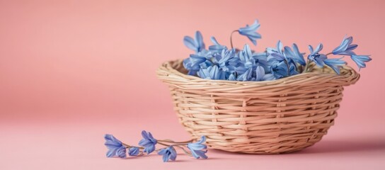 Poster - A woven basket filled with delicate blue flowers against a pink background.