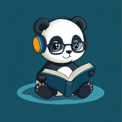 Poster - A cute panda wearing headphones and glasses, reading a book.
