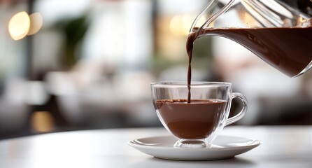 Poster - A rich beverage being poured into a glass cup, showcasing warmth and comfort.