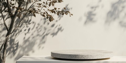 Fototapete - A minimalist display featuring a round stone platform with shadows cast by nearby foliage.
