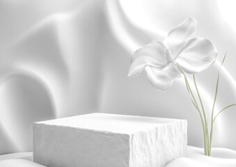 Poster - A minimalistic white scene featuring a textured block and a delicate flower.