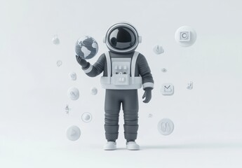 Poster - An astronaut holding a globe surrounded by various icons representing technology and communication.