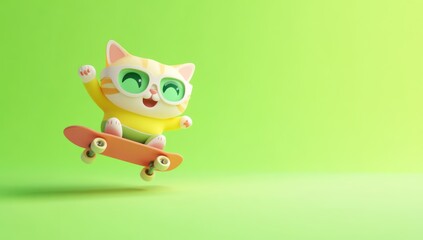 Leinwandbilder - A cheerful cartoon cat with glasses skateboards against a vibrant green background.