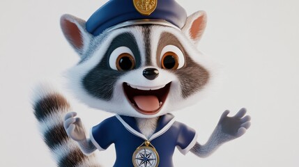 Fototapete - A cheerful cartoon raccoon character in a uniform, smiling and gesturing enthusiastically.