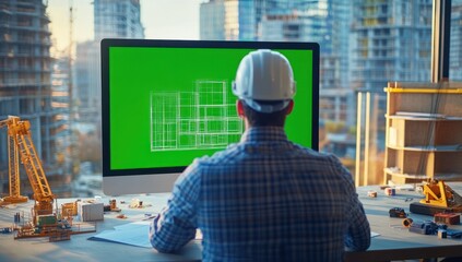 Aufkleber - A construction professional reviews blueprints on a computer in an urban environment.