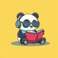 Poster - A cute panda wearing headphones and glasses, reading a book on a yellow background.