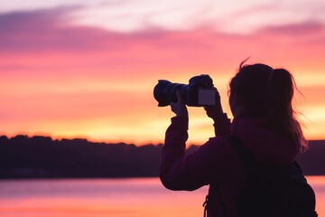 Poster - A silhouette of a person photographing a vibrant sunset by the water.