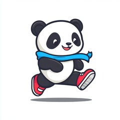 Fototapete - A cheerful cartoon panda wearing a blue scarf and red shoes, happily running.