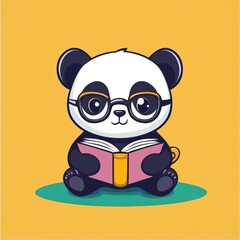 Poster - A cute panda wearing glasses reading a book, set against a yellow background.