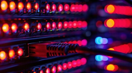 Poster - Red network cable is being plugged into server rack with flashing red lights in a dark data center, creating a futuristic technological atmosphere