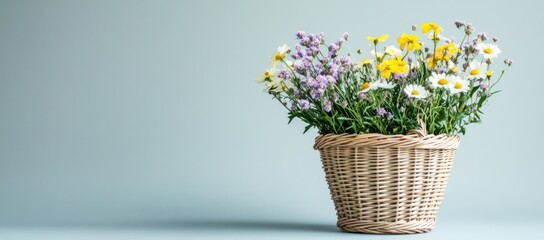 Poster - A wicker basket filled with colorful flowers against a soft background.