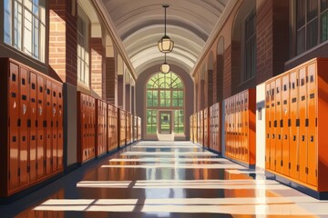 Leinwandbilder - A bright school hallway lined with orange lockers and large windows.