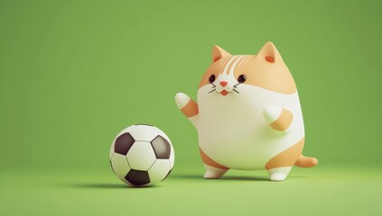 Aufkleber - A cute cartoon cat playing with a soccer ball on a green background.