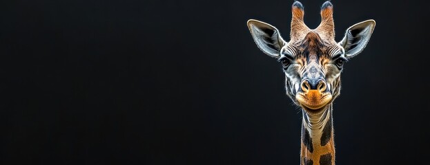 Poster - A close-up of a giraffe against a dark background, showcasing its unique features.