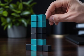 Aufkleber - A hand places a cube on a stack of black and teal blocks on a wooden desk.