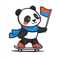 Aufkleber - A cute panda character skateboarding while holding a flag, wearing a blue scarf and orange shoes.
