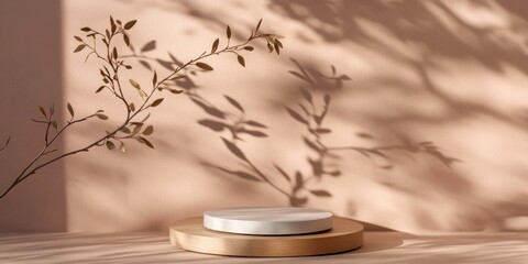 Leinwandbilder - A serene composition featuring a white plate on a wooden base with soft shadows and foliage.