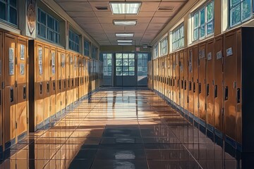 Aufkleber - A bright school hallway with lockers and sunlight illuminating the polished floor.