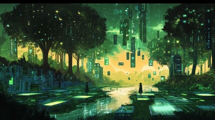 Poster - In 'Kreislauf', nature and technology merge with circuit trees, digital rivers, and humanoid figures.