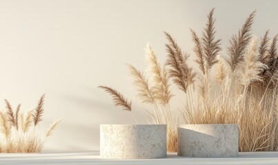 Aufkleber - A serene arrangement of decorative planters and pampas grass against a neutral backdrop.