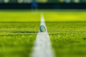 Poster - A tennis ball rests on a line on a green grass court, highlighting a sports setting.