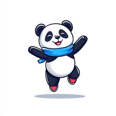 Poster - A cheerful cartoon panda wearing a blue scarf, jumping happily with a playful expression.