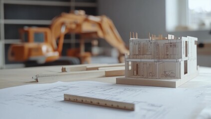 Aufkleber - A construction model and blueprints on a table, with a digger in the background.
