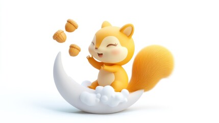 Poster - A cheerful cartoon squirrel sitting on a moon, playfully tossing acorns in the air.