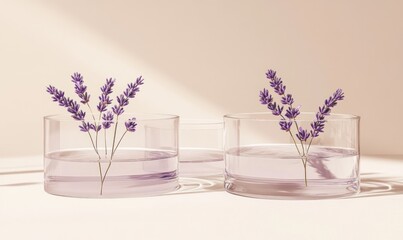 Poster - Two transparent bowls with purple lavender stems in water, creating a serene aesthetic.