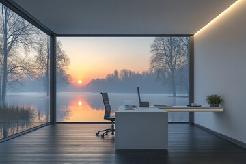 Fototapete - A modern office with a serene view of a sunset over a lake and trees.