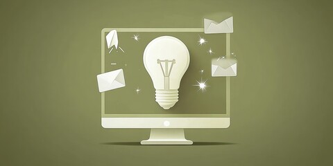Fototapete - A computer screen displaying a light bulb and floating envelopes, symbolizing ideas and communication.