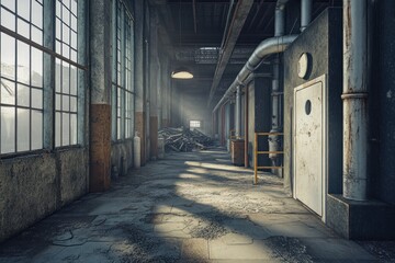 Poster - An industrial corridor with sunlight filtering through large windows, revealing debris and textures.