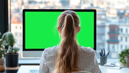 Aufkleber - A person sitting at a desk in front of a computer with a green screen backdrop.