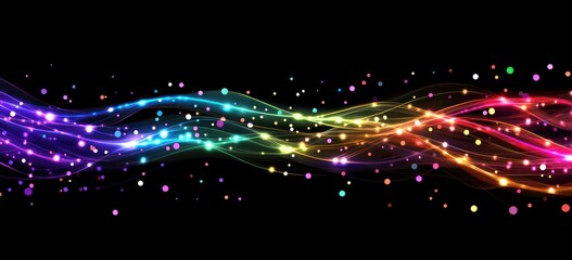 Poster - A vibrant wave of colorful light particles on a black background, evoking energy and motion.