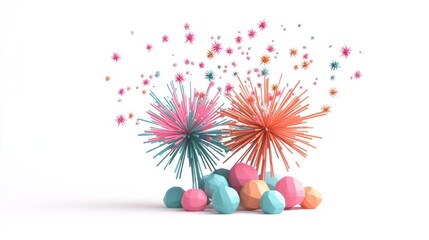 Poster - Colorful abstract fireworks with geometric shapes on a white background.