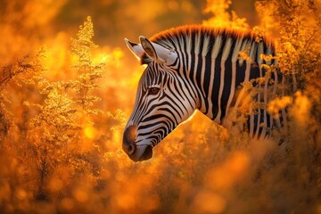Poster - A zebra stands amidst golden foliage, illuminated by warm sunlight.