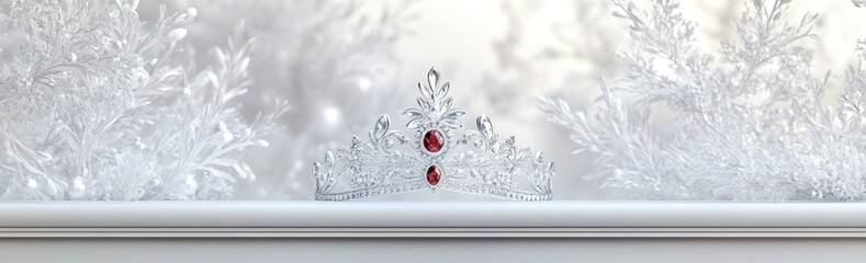 Poster - A sparkling tiara adorned with red gems, set against a frosty, winter-themed background.