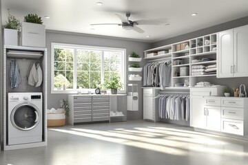 Aufkleber - Modern laundry room featuring appliances, storage, and natural light.